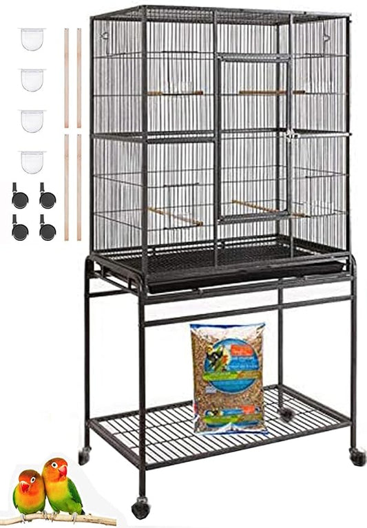 54" Large Wrought Iron Metal Bird Flight Breeder Cage with Side Breeding Nest Doors with Removable Rolling Stand by Mcage