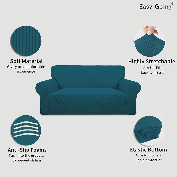Easy-Going Stretch Oversized Loveseat Couch Covers Washable Peacock Blue | 1-Piece Large Loveseat Cover for 2 Cushion Couch Furniture Protector RV Sofa Slipcover Soft with Bottom for Kids Pets - Image 3