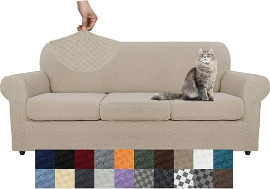 YEMYHOM Latest Checkered 4 Pieces Couch Covers for 3 Cushion Couch Extra Large High Stretch Thickened Sofa Cover for Dogs Anti Slip Furniture Protector Sofa Slipcovers (Khaki), 91"-110"(3 Cushions) by YEMYHOM