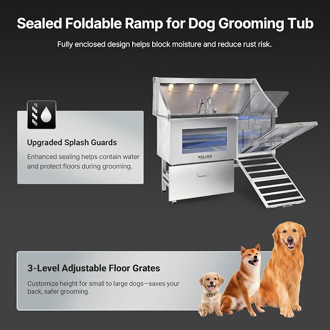POLIMO Dog Washing Station with LED Display 61" (Right Ramp), 304 Stainless Steel Dog Bathtub for Large, Medium & Small Dogs, Professional Grooming Tub with Faucet, Storage Drawer, Floor Grate, Window - Image 5