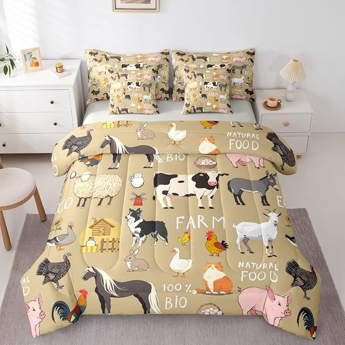 Erosebridal Rustic Farm Animal Comforter Sets with Sheets, Cartoon Animals Bedding Set King for Boys Girls Funny Country Theme 7 Pieces Bed in A Bag Cute Pig Cat Dog Cow Bed Set by Erosebridal