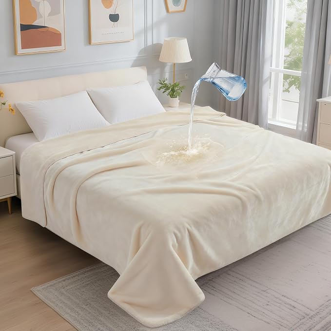 LOOBANI Waterproof Blanket for Bed, Soft Flannel Twin Bed Blanket 60" x 80" | Pet Blankets for Large Dogs, Reversible Spill-Proof, Ideal for Couch Cover, Movie Time, Camping, Travel, Noise Free, Beige by LOOBANI