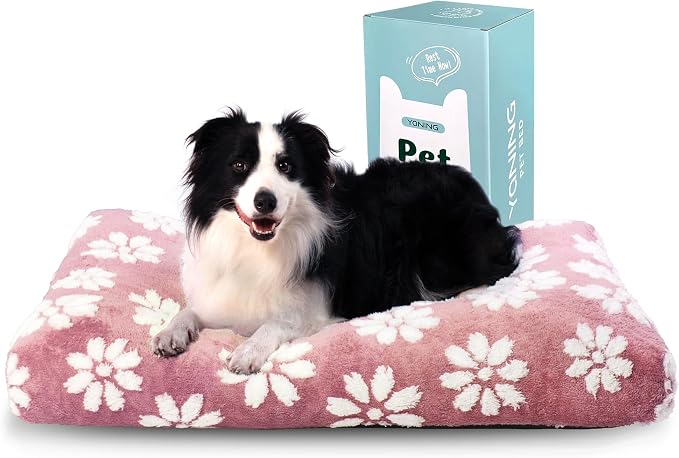 Cute Fluffy Dog Beds for Large Dogs, 35"x 22", Pink Flower | Thick Dog Bed for Crate Kennel, Pet Bed with Removable Washable Cover, Anti-Slip Bottom by Yaning