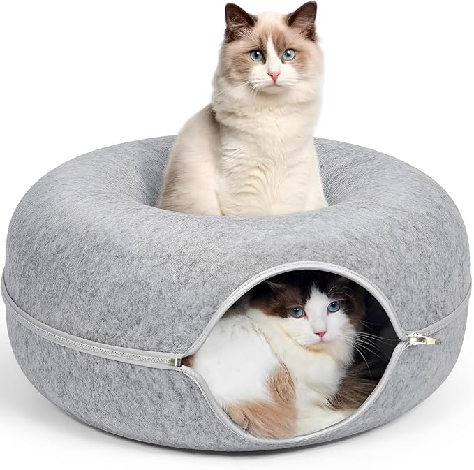 24inch-Tunnel Bed for Indoor,cattasaurus Peekaboo cat cave for Multiple,Detachable Felt Felt Washable Interior for Indoor Cats,Donut Tunnel (Light Gray) by Unknown