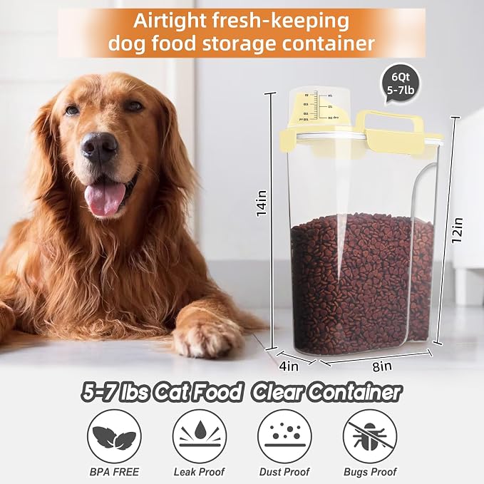 LEAWALK 5-7Lbs Cat Dog Storage Container, Portable Pet Food Containers with Upgraded Large Spout and Cup, Small Animal Kibble Dispenser for Bird Seed, Oatmeal, Rice, Flour, Brown Sugart-Light Yellow - Image 3