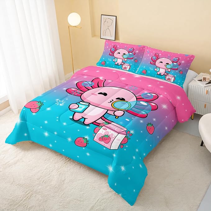 QOOMO Kawaii Axolotl Comforter,Pink Salamander Bedding Set for Kids Teens Girls,3Pcs Bedding Set Printed Comforter with 2 Pillowcases,Down Alternative,Soft and Lightweight(Pink，Full Size) - Image 3