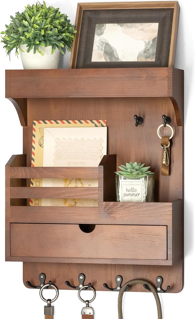 Rebee Vision Key Holder Wall Mount with Drawer Organizer for Entryway,Brown | Pine Wood, 6 Key Hooks, Display Shelf for Plants, Mail Slot for Storage Letter, Multi-Funtional Design, Home Storage by REBEEVISION