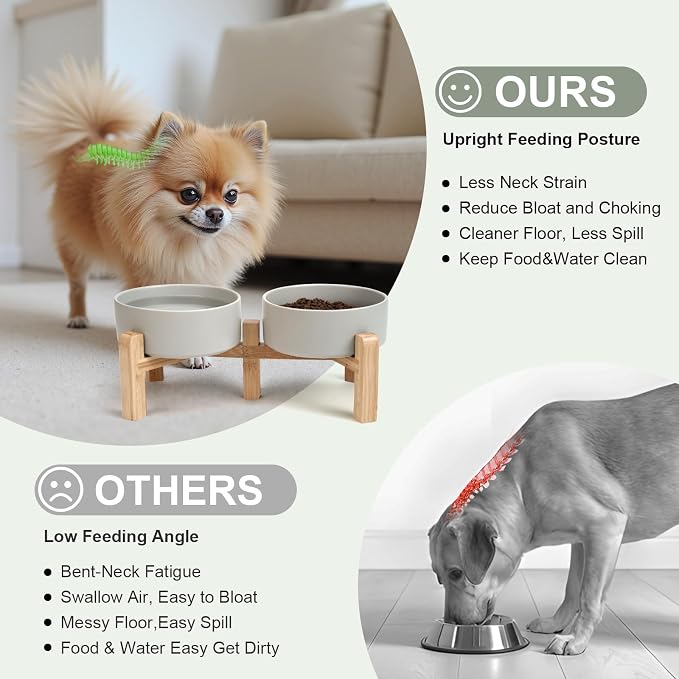 SPUNKYJUNKY Elevated Dog Bowls Ceramic, 5.1'' Dogs and Cat Food Water Bowls Raised with Non-Slip Bamboo Stand for Puppy Small Sized Breed Microwave Dishwasher Safe - 13.5 OZ,Grey - Image 3