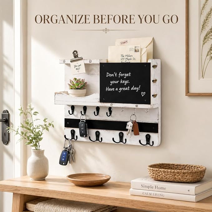Key Holder for Wall Mount with Shelf and Mail Organizer, Key and Mail Holder with 16 Hooks, Farmhouse Entryway Organizer, Home Decor Rack (Pine Wood, White Washed) - Image 4