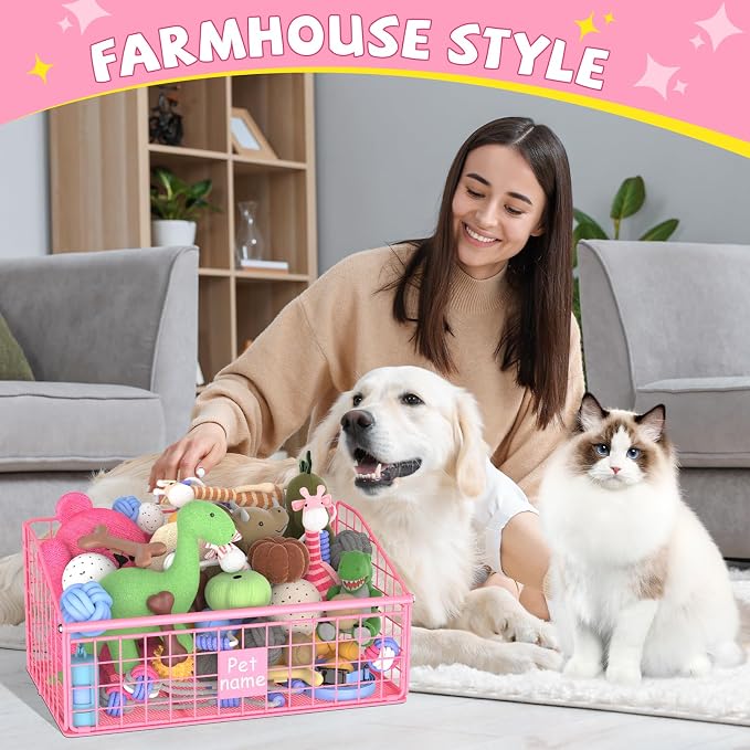 Kaiferty Indestructible Dog Toy basket, Medium Toy Box for Dogs,Pet Toy Bin Dog Metal Basket for Toys, Toy Storage Organizer, Living Room Area (Pink) - Image 6