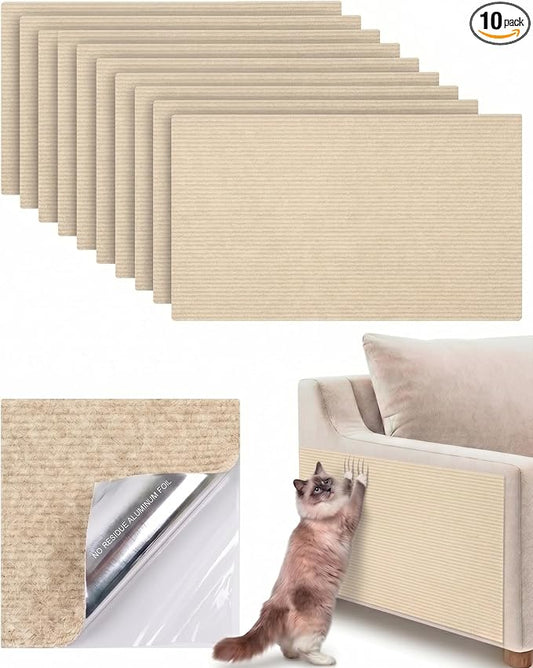 Corner & Wall Cat Scratch Mat (Beige, 23.6''x11.8'', 10-Pack), Self-Adhesive Trimmable Cat Scratcher, Wall Mounted Scratching Pad for Indoor Cats, Sofa Furniture Protector, Cat Post Cover Replacement by Unknown