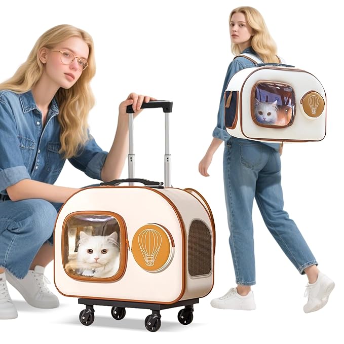 Dog Backpack Carrier with Wheels,Rolling Cat Carrier Backpacks Under 13.2lbs,Breathable,Foldable Pet Backpack for Small Dogs and Medium Cats with Detachable Trolley,Airline Approved