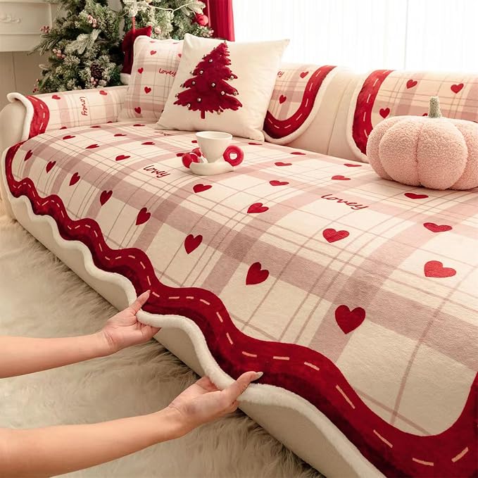Cmfshape Valentine's Day Velvet Sofa Slipcover-Romantic Heart Pattern,Pet Friendly Couch Covers for 3 Cushion Sofa,Washable Sofa Protector for Holiday,Lover,Anti-Slip,70.9"x27.6" - Image 2