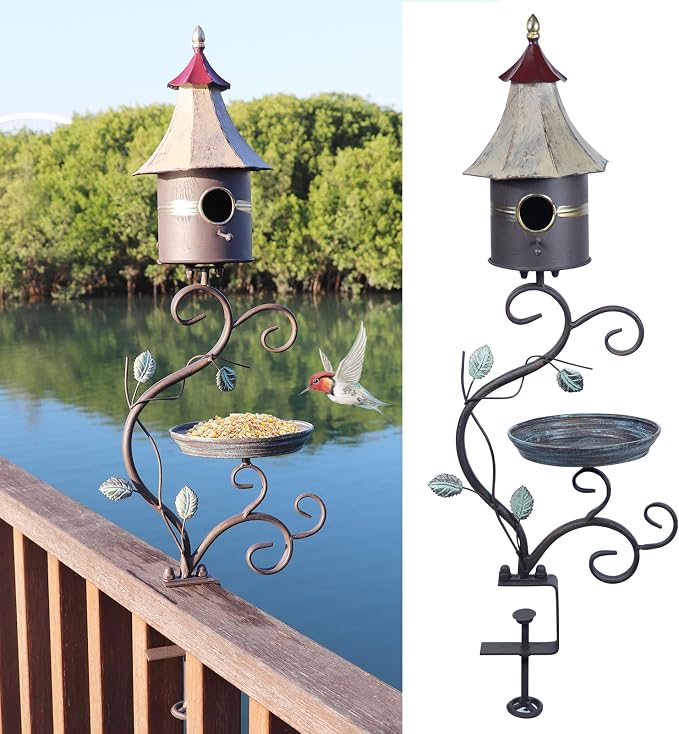 Deck Bird Bath, Metal Bird Bath and Bird Houses, Deck Mounted Bird Bath | Detachable and Adjustable Sturdy Deck Bird Bath for Outdoor Porch Yard Garden Decoration by HLQMFHT