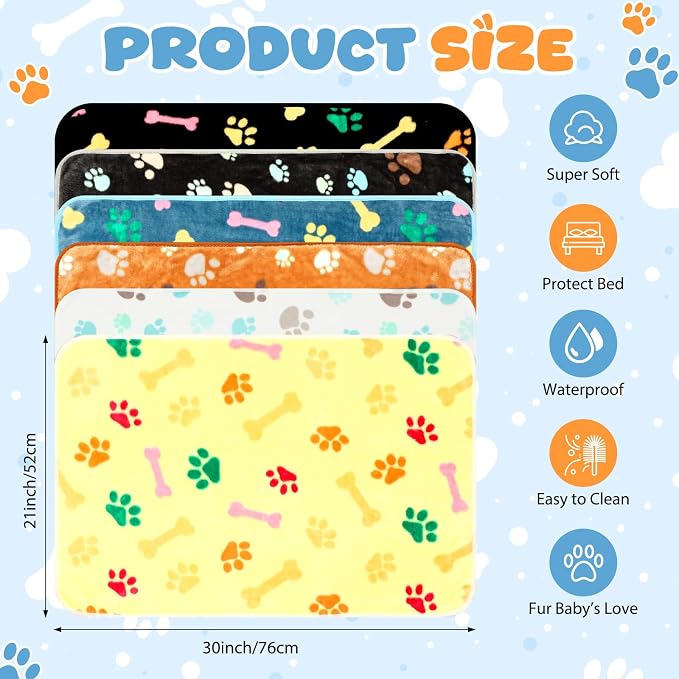 Tegeme 6 Pcs Waterproof Dog Blanket 30 x 20 Inch Paw Print Pet Blanket for Dogs Cats Puppy Washable Soft Fluffy Fleece Rug Flannel Throw Warm Sleep Mat for Kitten Doggy - Image 2