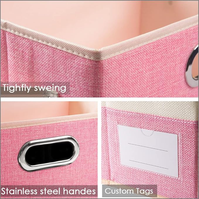 PRANDOM Large Collapsible Storage Baskets for Closet [3-pack] Decorative Fabric Storage Bins Cubes with Leather/Metal Handles for Shelves Bedroom Living Room Pink&Cream (14.9x9.8x8.3 Inch) - Image 3