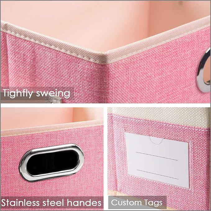 PRANDOM Fodable Storage Bins for Closet [3-pack] Decorative Fabric Storage Baskets Cubes with Leather/Metal Handles for Shelves Bedroom Living Room Pink&Cream (11.5x8.5x6.7 Inch) - Image 3