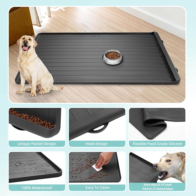 Dog Mat for Food and Water - 39.4" x 27" Large Pet Feeding Mats with Residue Collection Pocket - Waterproof Dog Cat Bowl Mat with High Edges to Prevent Water and Food Spills (Black) | Waterproof Pet Bowl Mat with Residue Collection Pocket and High Edge... - Image 5