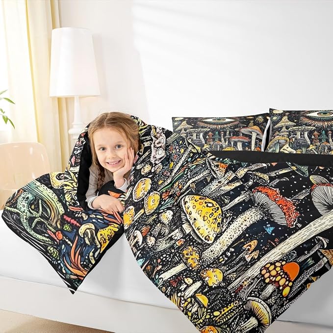 Watercolor Mushroom Comforter Sets King Size,Nature Burgundy Plant Bedding Comforter for Kids Girls Boys,Botanical Leaves Starry Quilt Sets for Bedroom Decor,Duvet Insert,2 Pillowcase,Black Yellow - Image 4