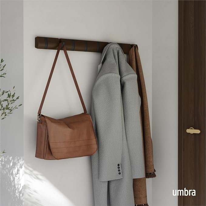Umbra Flip Coat Rack, Wall Mount 8-Hook, Space Saving, Walnut/Black | Real wood and steel build, retractable hooks fold flat, holds coats bags and scarves, easy install - Image 2