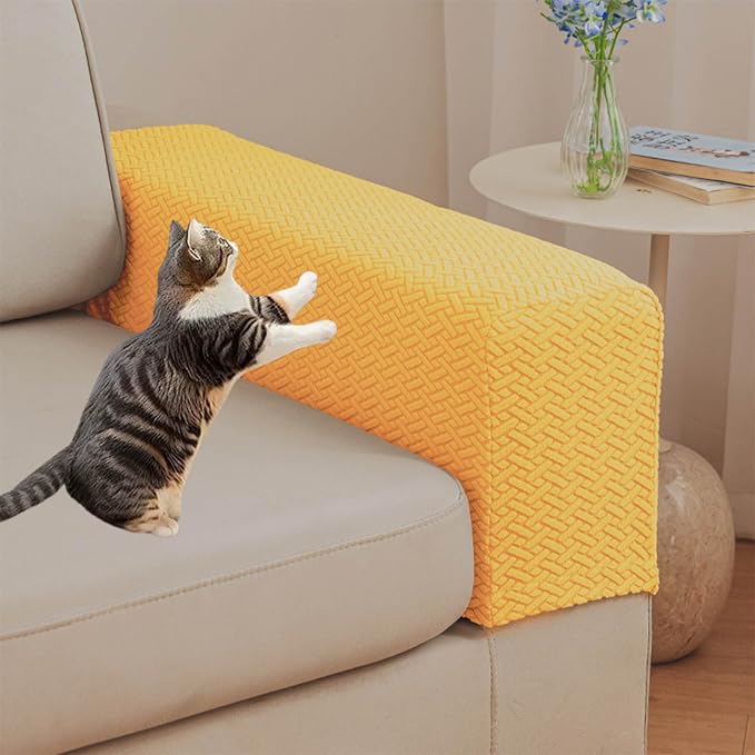 Couch Arm Covers Set of 2, Stretchable Sofa Armrest Protectors, Breathable Polyester Armchair Covers with Non-Slip Grip Design Furniture Protector (Yellow, Medium (Set of 2)) by Unknown