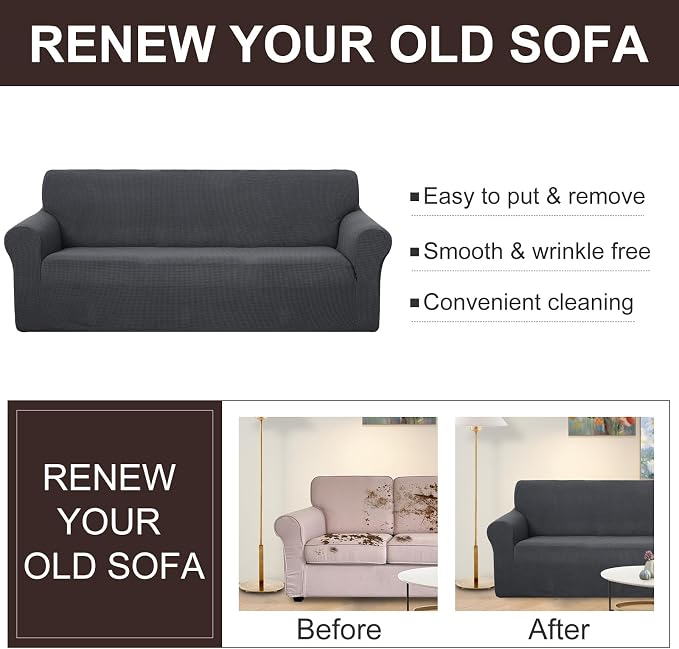 U-NICE HOME 4 Seater Stretch Couch Cover for 3 Cushion Sofa, Dark Grey | 1-Piece Sofa cover, Washable, Pet friendly, Furniture protector, Polyester Spandex Jacquard fabric - Image 5