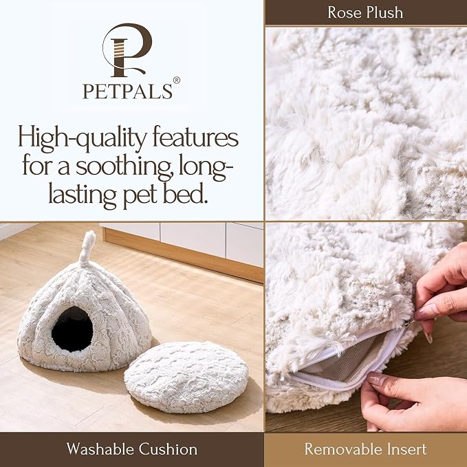PetPals Round Cat Bed Small Pet Cave with Removeable and Washable Cushion | Super Soft Plush Pet Bed with Cover for Small Animals, Kitten or Ferret Hideaway Napping Cave, Anti-Slip Bottom, Cream plush - Image 5