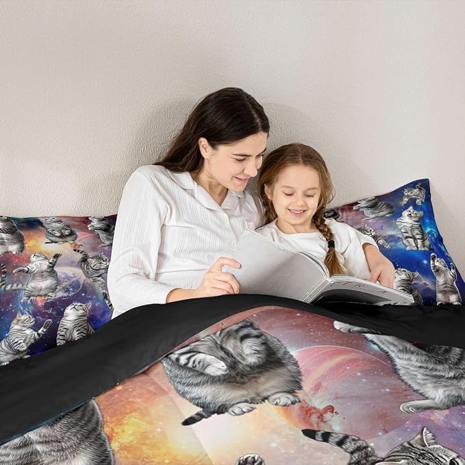 Feelyou Cute Cat Comforter Set Galaxy Cats Pattern Bedding Set for Kids Boys Girls 3D Animal Outer Space Comforter Feline Animal Grey Blue Decor Quilt Set Bedroom Collection 2Pcs Twin Size - Image 6