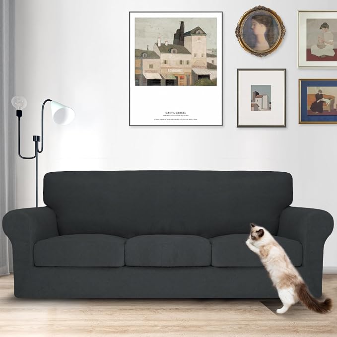 MAXIJIN 4 Piece Couch Covers for 3 Cushion Couch Sofa Covers, Stretch Couch Slipcovers for Sofas with 3 Cushions, Thick 3 Seat Furniture Protector for Dogs Pet (71"-91", Gray) - Image 2