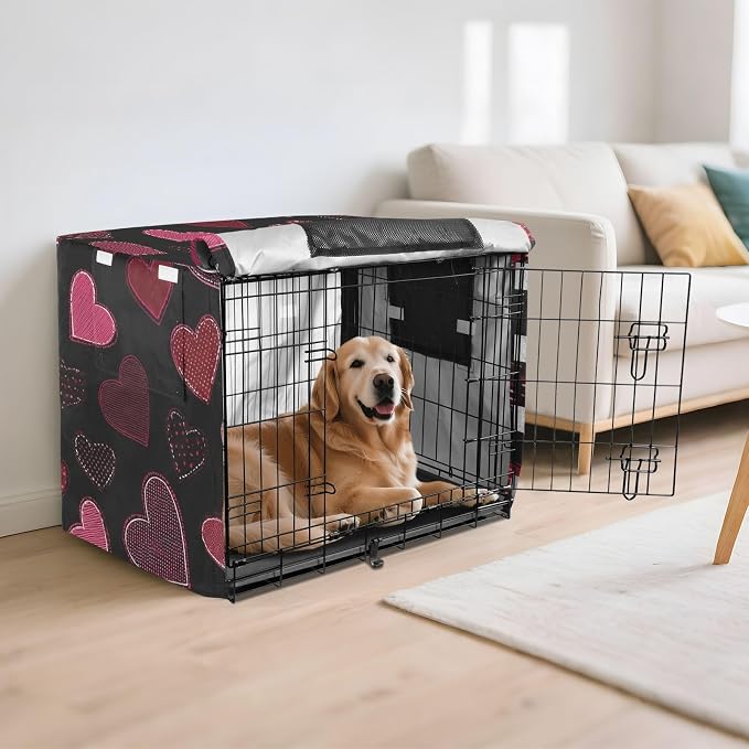 Dog Crate Cover Kennel Cover for Dog Cages Breathable for Wire Cage Indoor Outdoor Black Striped Heart - Image 6