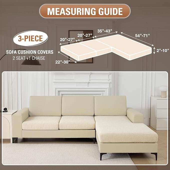 Couch Cushion Covers for Sectional Sofa Stretch Sofa Slipcovers Washable Wear-Resistant Sectional Couch Covers L Shaped Seats Furniture Protectors for Pets(Natural, 2 Seater + 1 Chaise) - Image 2