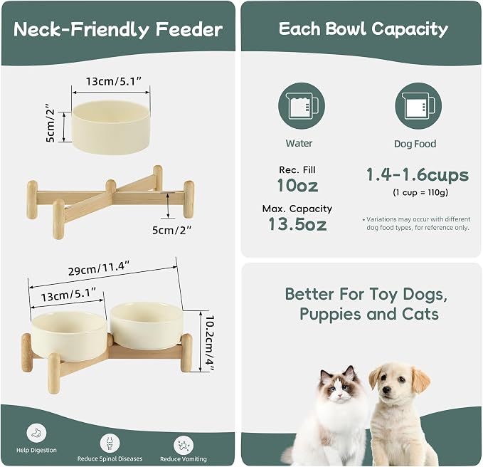 Havniva Elevated Dog Bowls Ceramic Dog Bowls with Stand, Dog Food Bowl | 5.1” Raised Dog Bowls with Non-Slip Wood Stand, Dog Food and Water Bowl Set, Double Dog Feeding Bowls for Small Dogs - Image 2