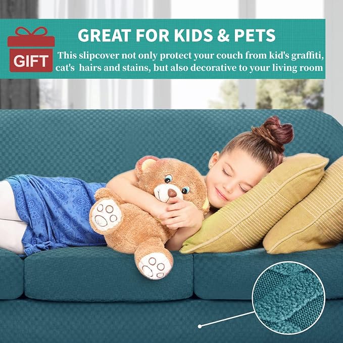 YEMYHOM Latest Checkered 3 Pieces Couch Covers for 2 Cushion Couch High Stretch Thickened Love Seat Sofa Cover for Dogs Pets Anti Slip Elastic Loveseat Slipcover Protector (Teal), 55"-69"(2 Cushions) - Image 3