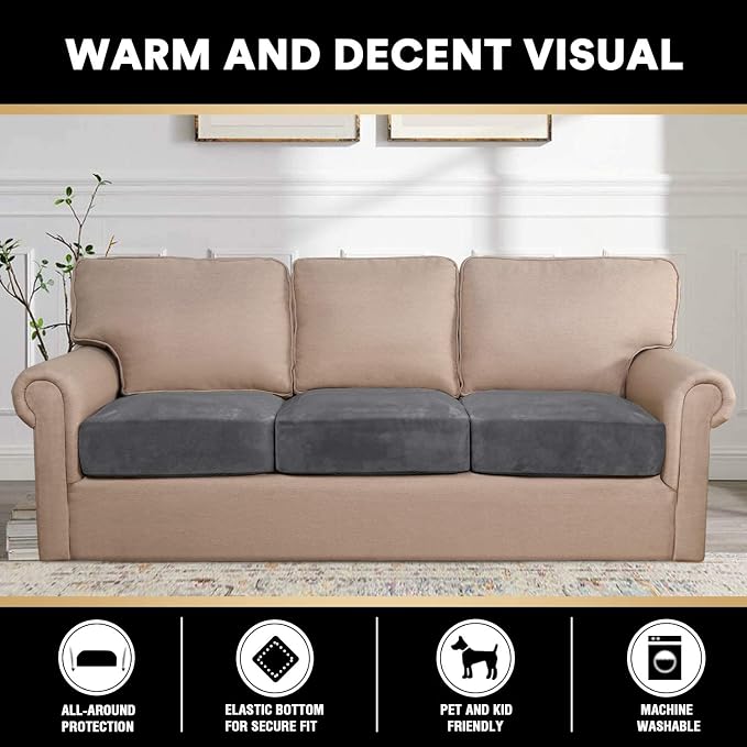PrinceDeco Velvet Stretch Couch Cushion Cover Extra Large Cushion Slipcover for Chair Loveseat Sofa Cushion Furniture Protector Seat Cushion Sofa Cover Each Width Up to 40", Grey - Image 3