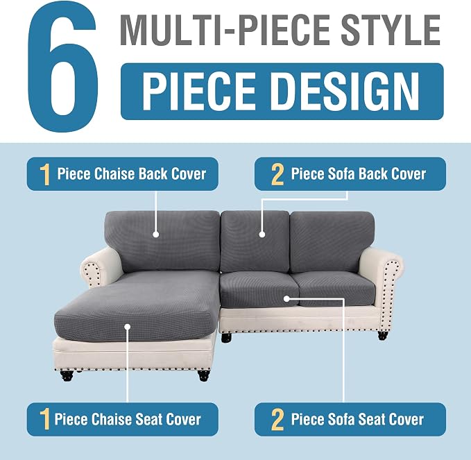 H.VERSAILTEX Sectional Couch Covers 6 Pieces Stretch Sofa Covers for Sectional Sofa Set Separate L Shaped Couch Cover for Both Left/Right Couch (Seat and Back: 1 Chaise + 2 Sofa, Grey) - Image 3