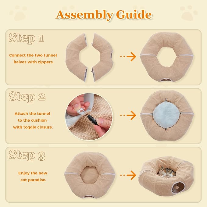 PEQULTI Cat Donut Tunnel with Bed for Indoor Cats, Cat Play Tunnel with Washable Soft Plush Mat, Round Tube Toys Cute Tube for Kittens, Puppies, Rabbits and Ferrets, Beige - Image 5