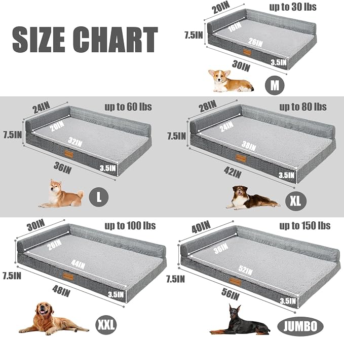 Patas Lague Orthopedic Extra Large Dog Bed Pet Sofa Beds 56''X40''Grey | L Bolster Egg-Crate Foam Dog Couch For Large Sized Dogs, Waterproof Removable Washable Cover, Pet Mat with Nonskid Bottom - Image 6