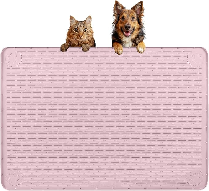 Dog Food Mat 34''x22'' Extra Large Dog Mat for Food and Water, Pink | Silicone Dog Bowl Mat with Raised Edge, Waterproof Non-Slip Pet Feeding Mat for Floors, fit for Dog Cat Bowls by Bartuke