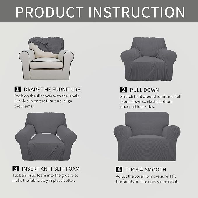 Easy-Going Stretch Oversized Chair Slipcover with Arm Washable Gray | 1-Piece Large chair covers armchair Furniture Protector for Living Room chair and a half cover Soft For Kids, Pet. - Image 6