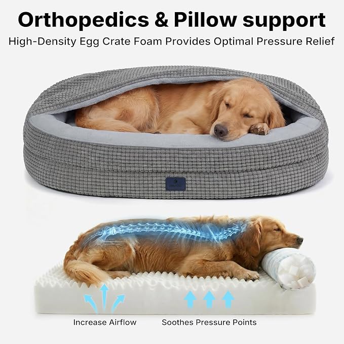 Veehoo 2-in-1 Dog Cave Bed with Cover, Covered Dog Bed for Large Dogs | Hooded blanket, supportive foam, removable washable cover, plush comfort, non-slip bottom - Image 5