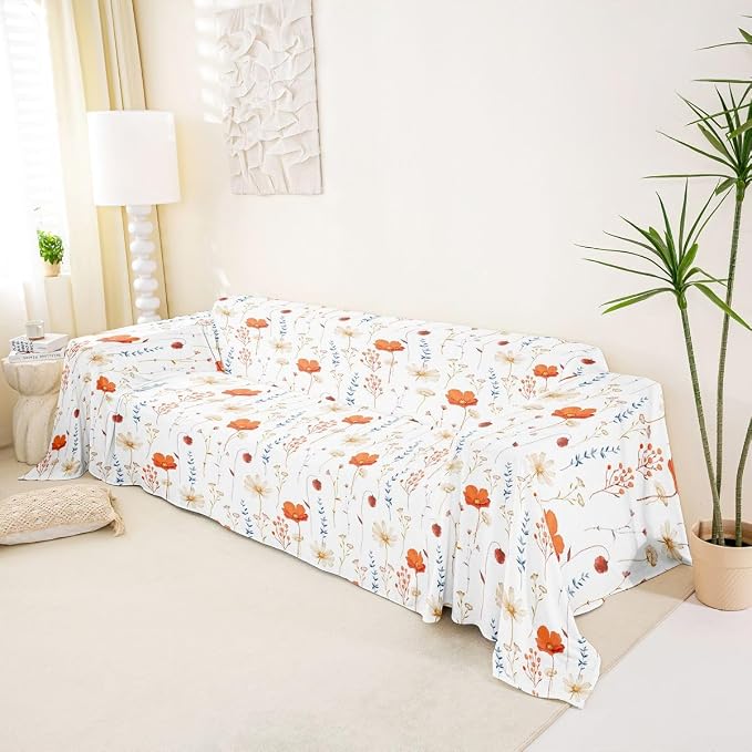 Erosebridal Watercolor Floral Sofa Cover Retro Orange Navy Flower Couch Cover Modern Minimalist White Sofa Protector 71" X 102" Rustic Farmhouse Washable Non Slip Couch Protector for Pet Cats Kids - Image 2