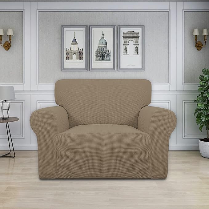 Easy-Going Stretch Oversized Chair Sofa Slipcover 1-Piece Couch Sofa Cover Furniture Protector Soft with Elastic Bottom for Kids Spandex Jacquard Fabric Small Checks Natural | 1-Piece Large chair covers armchair Furniture Protector for Living Room chai... - Image 2