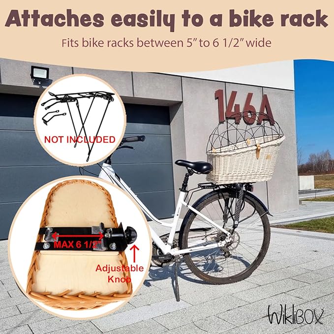 Natural Wicker Dog Bike Basket - 100% Organic Rattan Pet Carrier with Protective Grille - Eco Friendly Design - Soft Cotton Cushion & Mounting Bracket for Secure Bicycle Rear Luggage Rack