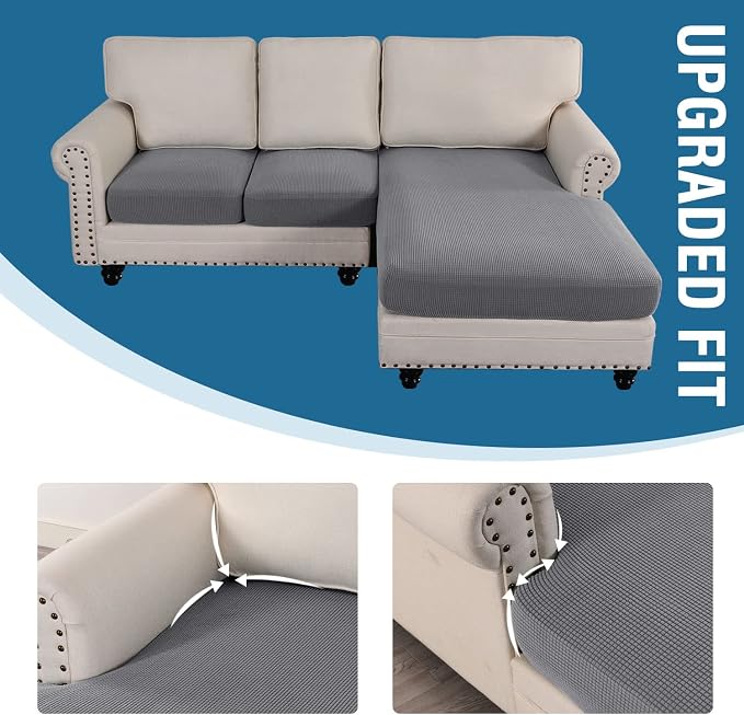 H.VERSAILTEX Sectional Couch Covers 3 Pieces Sofa Seat Cushion Covers L Shape Separate Cushion Couch Chaise Cover for Both Left/Right Sectional Couch (Seat Only: 1 Chaise + 2 Sofa, Dove) - Image 7