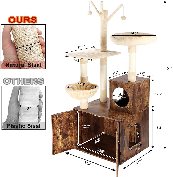 Timberer Cat Tree Tower with Litter Box Enclosure, 2-in-1 Wooden Cat Condo with Sisal Scratching Post, Hammock, Brown - Image 4
