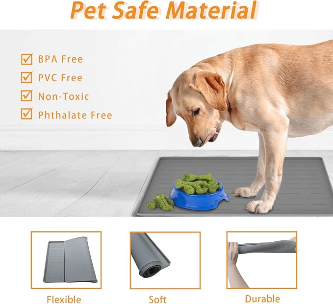 24" x 16" Dog Food Mat, Silicone Pet Mats for Food and Water, Nonslip Pet Feeding Mats for Floors, Dog Cat Bowl Mat with Raised Edges, Dark Gray - Image 4
