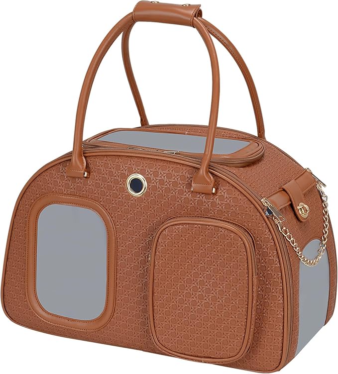 Stylish Luxury Dog Carrier Purse for Small Dogs, Ventilated Pet Soft-Sided Dog Cat Carrier Travel Tote Bag for Puppies Small Animals with Pockets (Brown, 16.9inch x 9inch x 11.8inch(LxWxH))