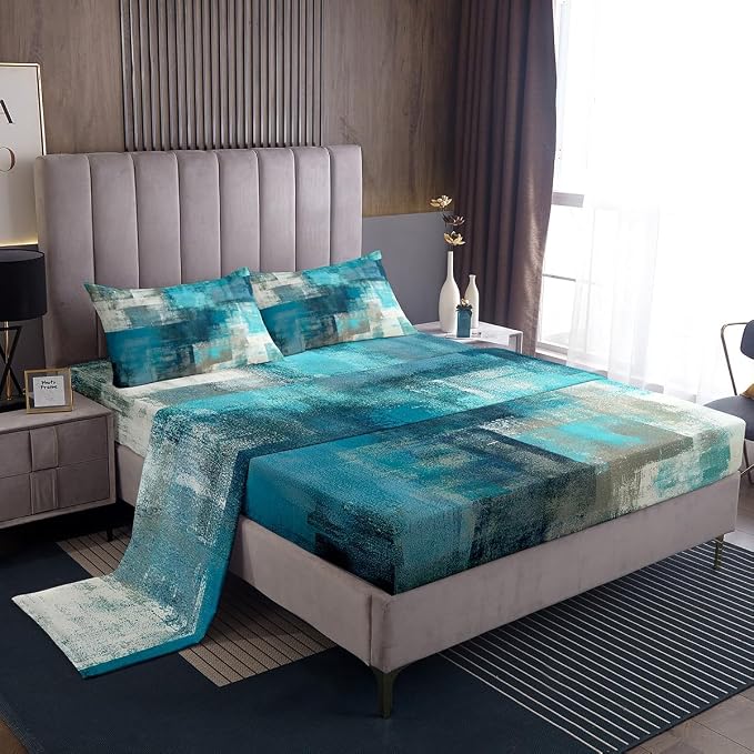 Erosebridal Turquoise Sheet Set King for Kids Boys,Teal and Grey Ombre Bed Sheets for Girls Adult,Grunge Watercolor Bedding Set,Vintage Contemporary Artwork Fitted Sheet + Top Sheet + 2 Pillowcases by Erosebridal