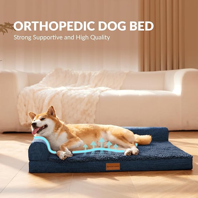 Patas Lague Orthopedic Large Dog Bed Pet Sofa Beds 42''X28''Navy Blue | L Bolster Egg-Crate Foam Dog Couch For Large Sized Dogs, Waterproof Removable Washable Cover, Pet Mat with Nonskid Bottom - Image 4