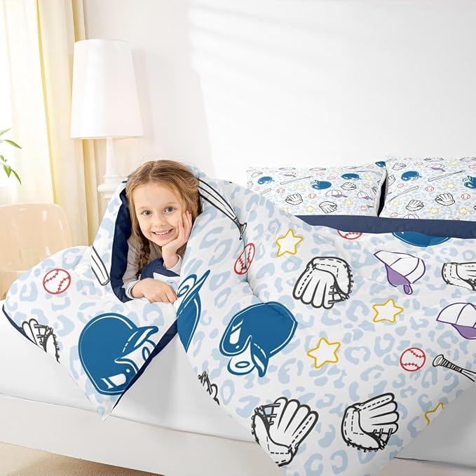 Homewish Baseball Bedding Set Full Size,Blue Leopard Comforter Set 3pcs for Kids Boys Girls Room Decor,Cartoon Baseball Bat Hat Quilted Duvet Ball Sports Game Duvet Insert with 2 Pillowcases,Colorful - Image 3
